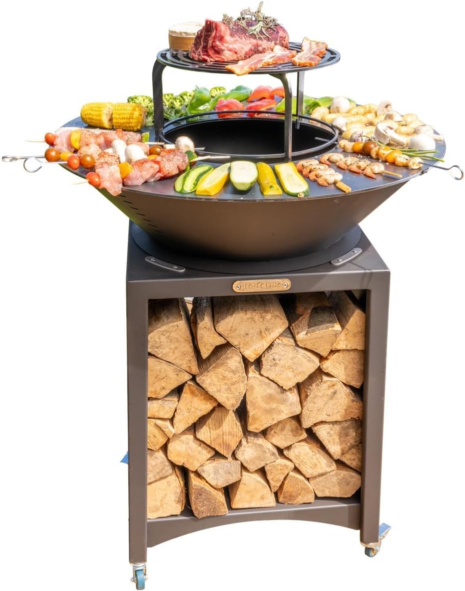 Brasero Haut avec Plaque et Grille Amovible en Acier Barbecue plancha extérieur Ø 75 cm