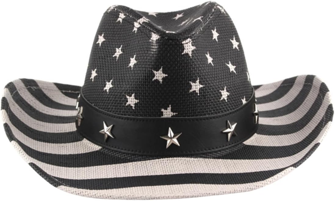 Alipis American Flag Cowboy Hat Straw Western Cowgirl Hat Unisex Summer Multi-Functional 4th of July Black Stripe