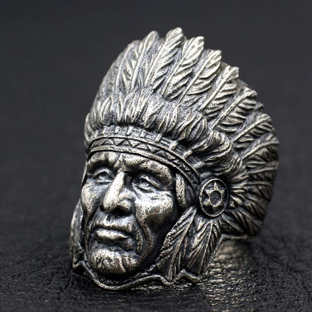 YABEME 925 Sterling Silber Indian Chief Ring, Vintage Tribal Amulett Rock Punk Gothic Schmuck, Männer Coole Geburtstagsfeier Biker Geschenk (Größen 17-28)