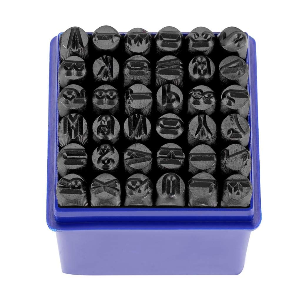 Poinçons à Frapper de Lettres et chiffres, Timbres de lettres de l'alphabet, poinçon de numéro en acier au carbone 36pcs 6mm, pour l'impression de marquage en métal bois cuir avec étui de rangement