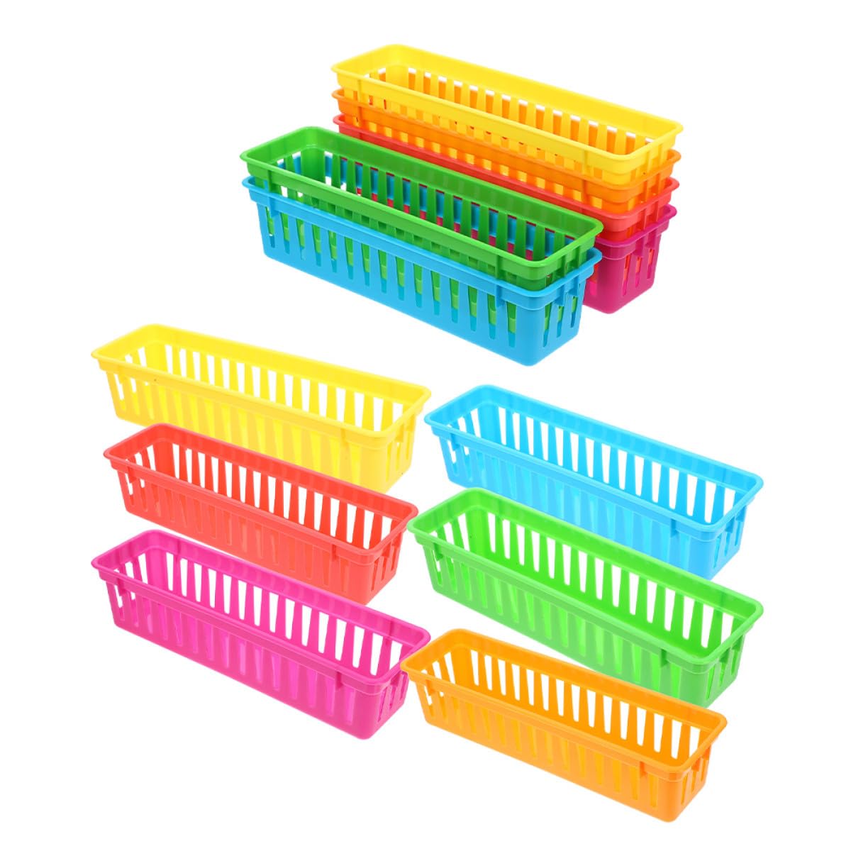 FUOYLOO Lot de 12 Paniers de Rangement en Plastique Colorés Forme Allongée pour Bureau et Classe Organisateur Polyvalent pour Crayons Stylos et Fournitures Scolaires Support Léger et