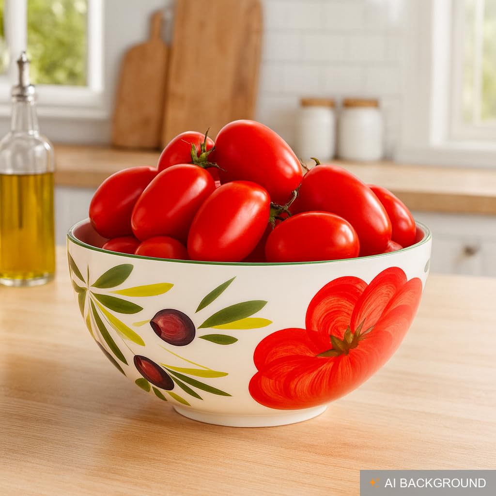 Lashuma Ciotola rotonda 26 cm, in ceramica italiana pomodoro – oliva, grande insalatiera fatta a mano