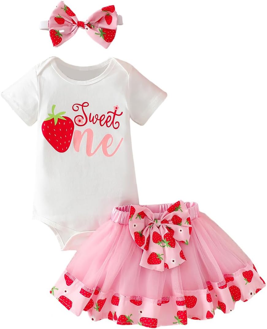 vivifayee Baby Girls 1st Birthday Outfits Short Sleeve Romper Tutu Skirt Sets with Headband One Year Old Girl Clothes