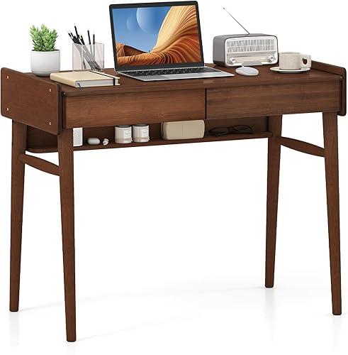 Giantex Escritorio moderno de mediados de siglo, escritorio de computadora de bambú de 39.5 pulgadas con 2 cajones y estante de almacenamiento