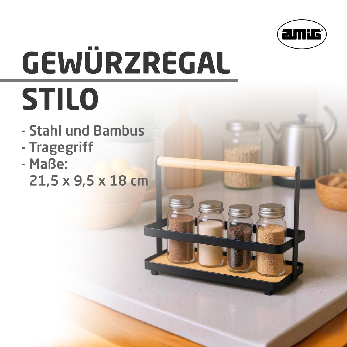 Amig - Gewürzregal - Küchenregal für Arbeitsplatte - Schwarzer Stahl und Bambus - Aufbewahrung von Gewürzdosen - Maße: 21,5 x 9,5 x 18 cm