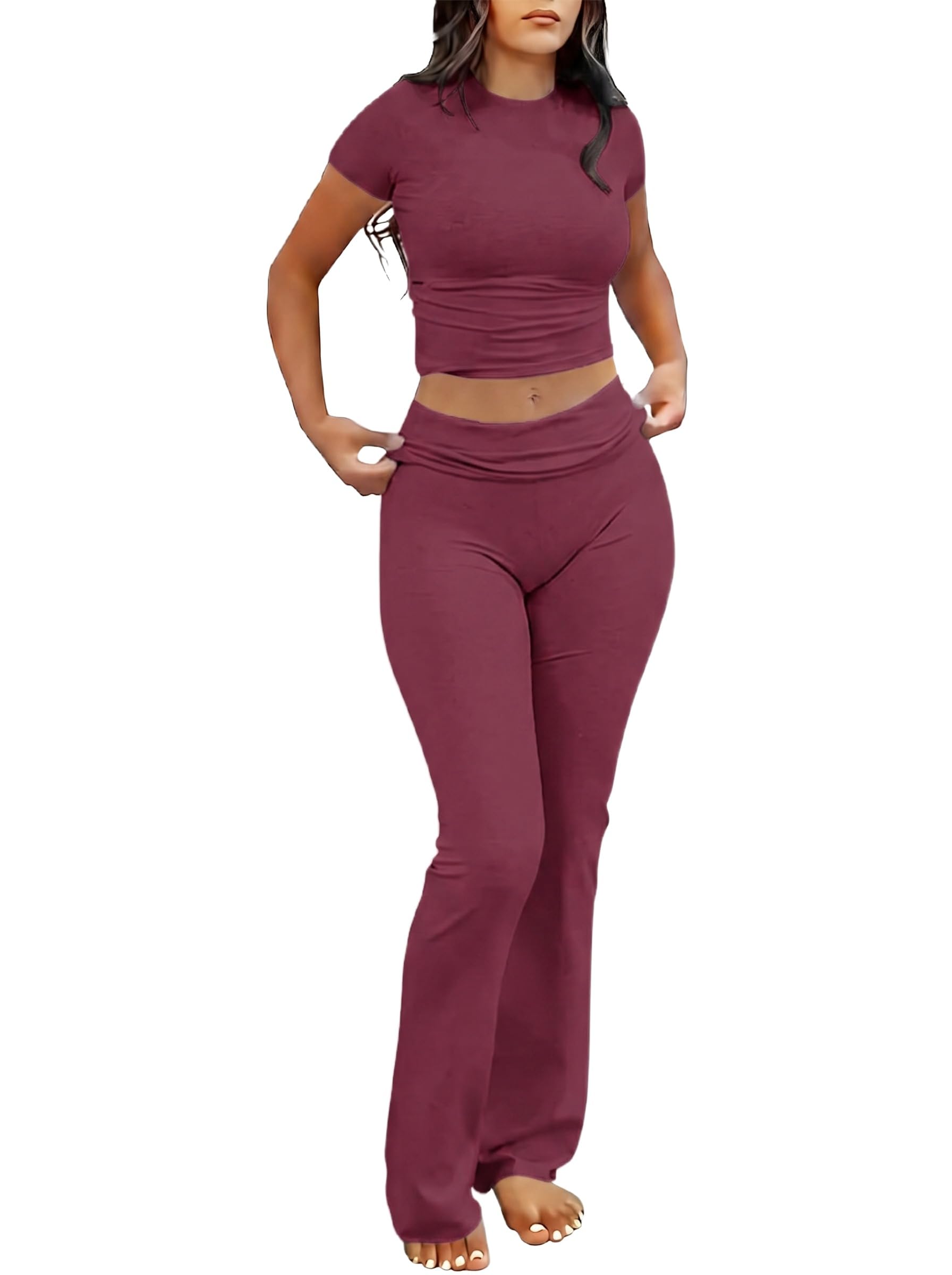 IWOLLENCE Lounge Set Damen Zweiteiler Hausanzug Kurzarm Oberteil mit Breitem Elastischem Hosenbund Schlaghose Loungewear Set