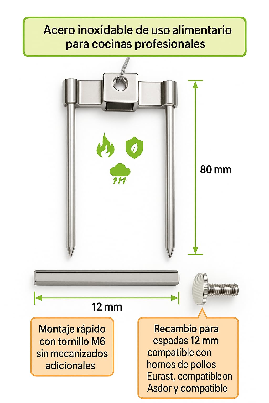 Pincho Asador con Tornillo Pack 5 Recambio Profesional para Asador Pollos Compatible con Eurast 97AP10002 Acero Inoxidable para Espadas 12mm Maquina Hosteleria Bar Restaurante