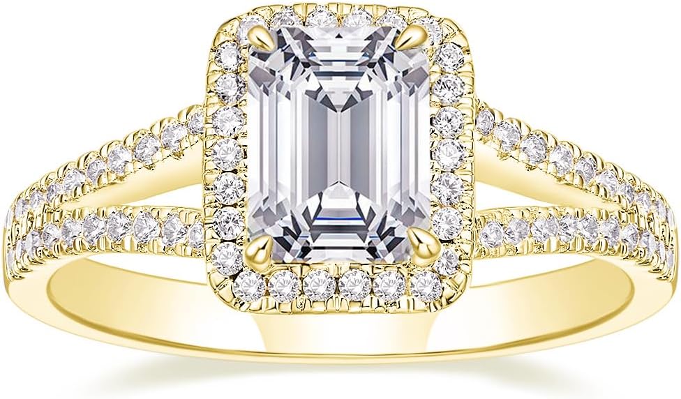 2CT Engagement Rings for Women Emerald Cut Cubic Zirconia Wedding Band Curved Halo Promise Rings for Her Size 4-11