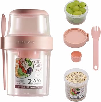 Breakfast On The Go Cups, Salad Cup To Go, Take And Go Yogurt Cereal Overnight Oats Snack Parfait Containers & Salad Dressing Holder With Fork For Lunch, Fruit & Vegetable JarPink,29.5oz