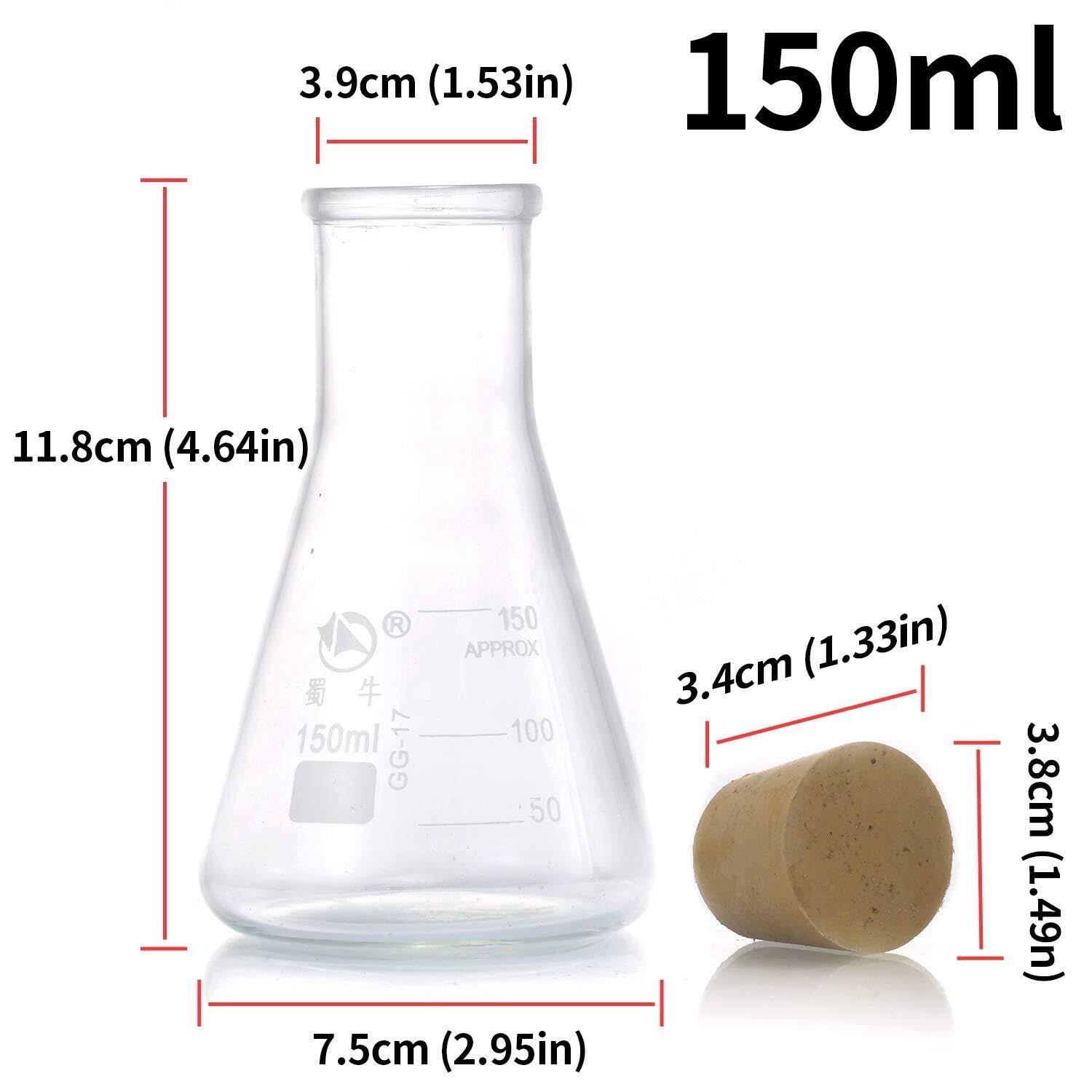 Juego de Matraces Erlenmeyer - 3 Matraces de Vidrio de Borosilicato (250ml, 150ml, 50ml) con Tapones de Goma para Experimentos de Laboratorio