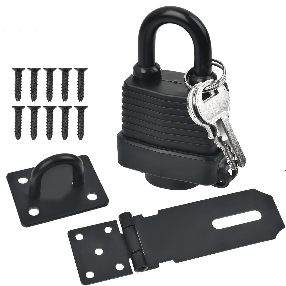 Door Latch Hasp Padlock, 5 inch Hasp and Staple Lock Heavy Duty Shed Lock Latche Staple with Key, Stainless Steel Padlock Hasp Door Clasp Latch Gate Locks with Screws for Bedroom Cabinet Wooden Gates