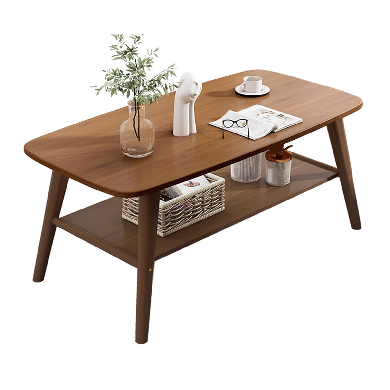 Table basse rectangulaire de salon en noyer massif avec étagère basse à 2 niveaux