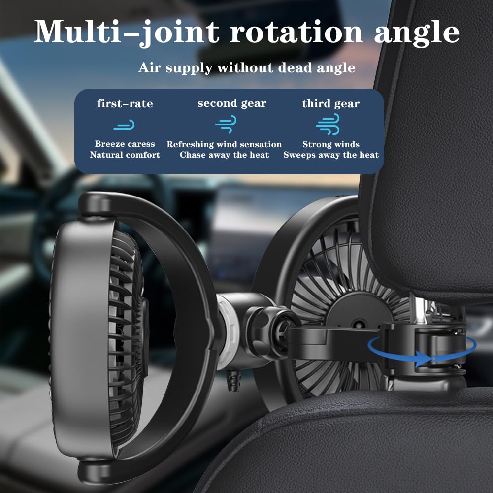 Ventilatore auto per sedile posteriore, girevole a 360°, ventilatore per auto, ventilatore USB per auto, ventilatore di raffreddamento a 2 marce, mini ventilatore di velocità per auto SUV