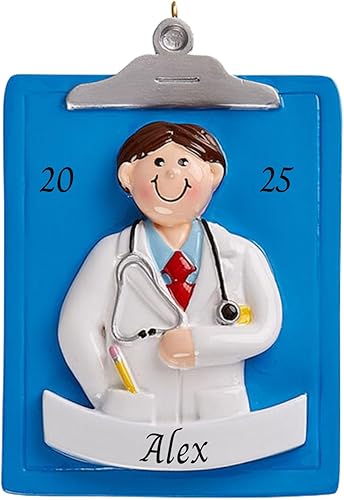 Adorno personalizado para árbol de Navidad 2023 para trabajadores de la salud – Portapapeles de médico masculino, adorno personalizado – Recuerdo