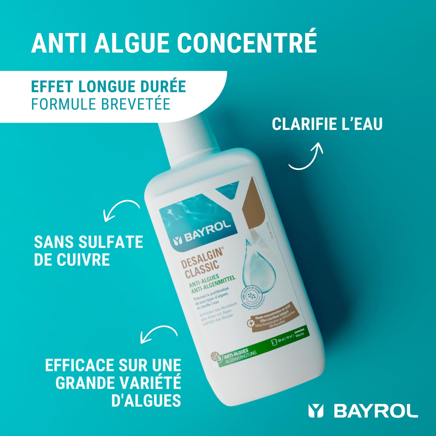 BAYROL Desalgin® Classic 3 L - Anti Algue Piscine Concentré - Algicide Piscine sans Sulfate de Cuivre - Eau Verte et Algues