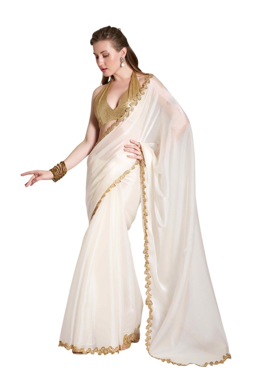 Shiv Textiles Women's Brasso Lace Border Saree(Klis-901-White)