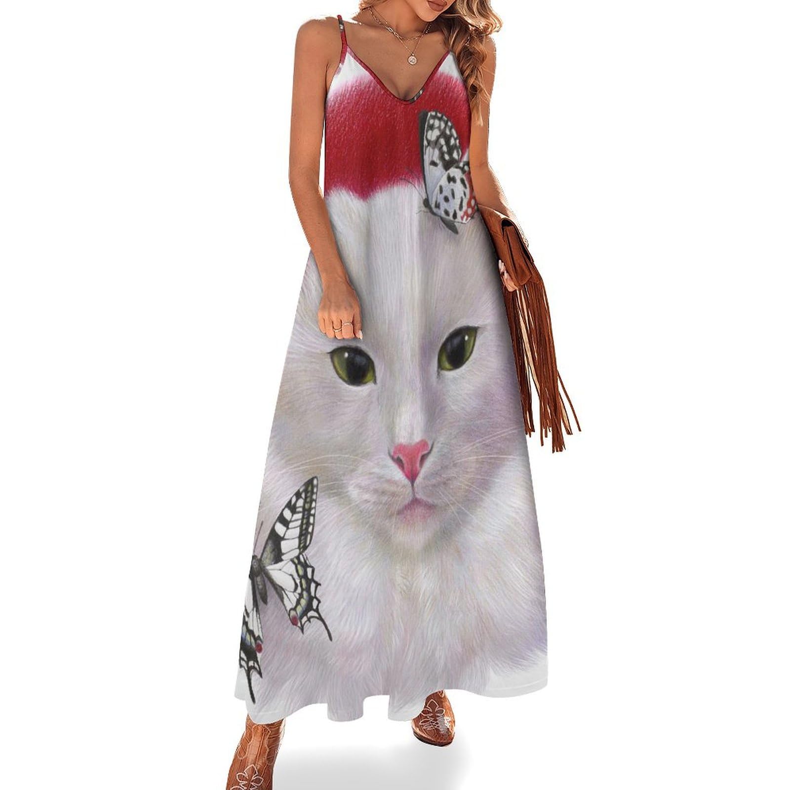 Robe maxi pour voyages plage imprimé chat blanc papillon été sans manches - 7