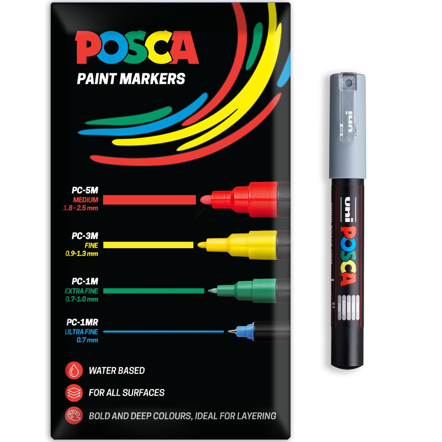 Posca Water Based Acrylic Paint Marker Pens | Multi Surface Use Permanent Paint Pen | Pack of 1 in Envelope Gift Packaging | Glass, Fabric, Canvas, Wood etc | PC-1M, Grey