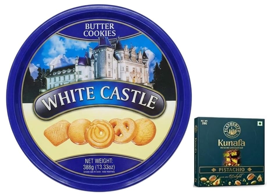 White Castle Butter Cookies Tin, 350g, Assorted Shapes (From Malaysia) Get Free Flavourito Kunafa Pistachio Chocolate Bar, 20g By DECADENT FOODS-image-44