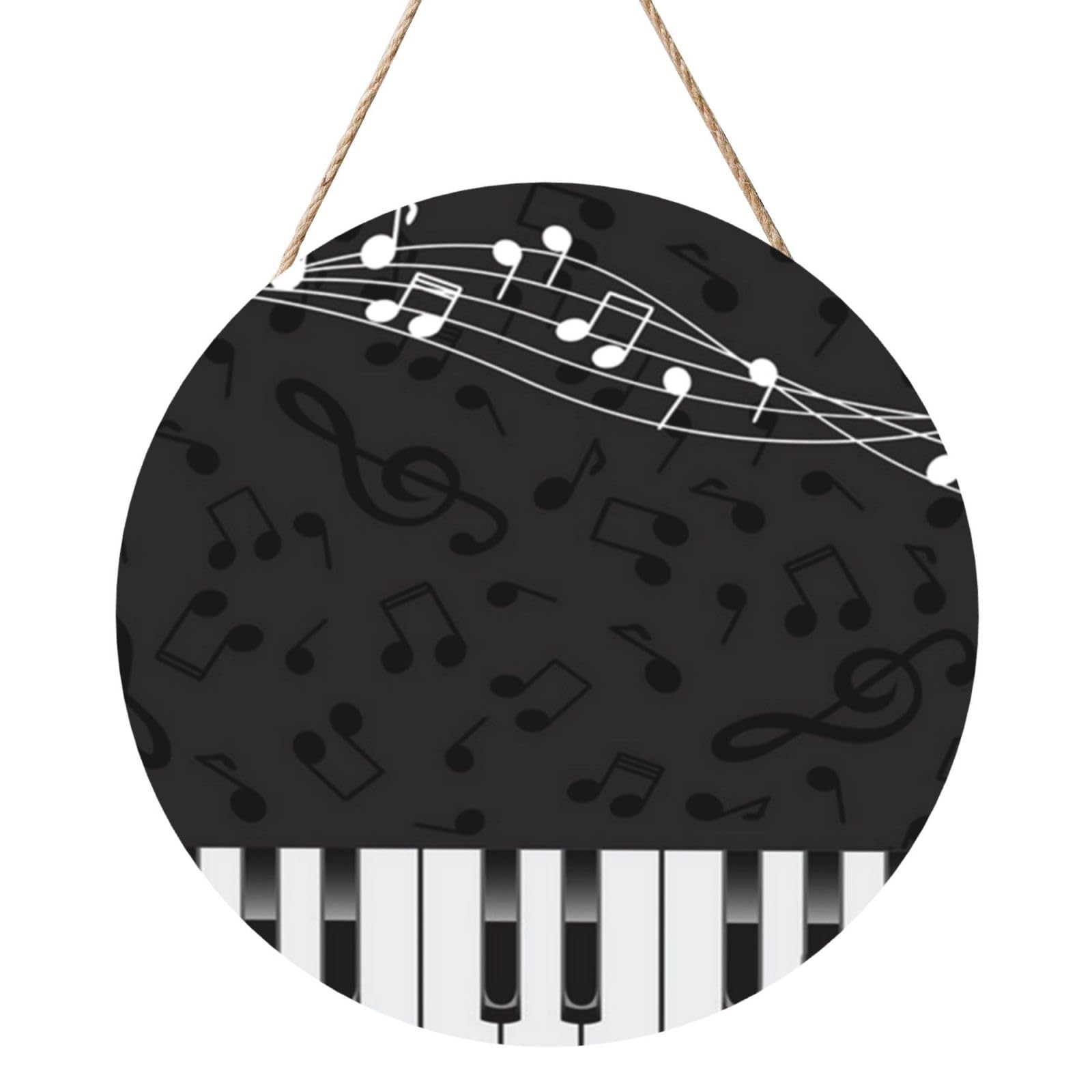 InOmak Piano Black Musical Notes, Round Wood Panel Painting 12 in, Wall Hanging Painting For Home