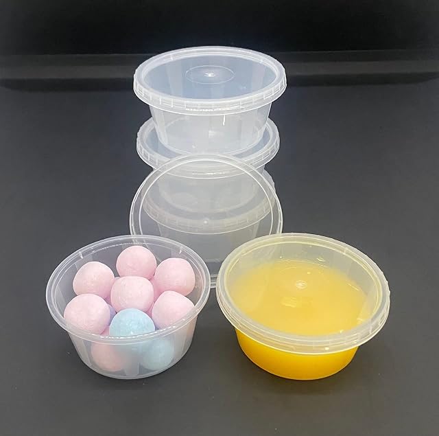 2oz Round Plastic Food Containers Lids Deli Pot or Sauce Take Away Chutney Ketchup Restaurant Jelly Shot & Dessert Cups Re-Usable (100 Pack)