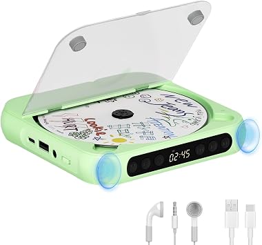 Portable CD Player with Bluetooth, Rechargeable CD Player for Home/Car, Built-in HiFi Speakers, Headphones, LCD Screen, Supports CD/AUX/USB and Repeat Modes, Green