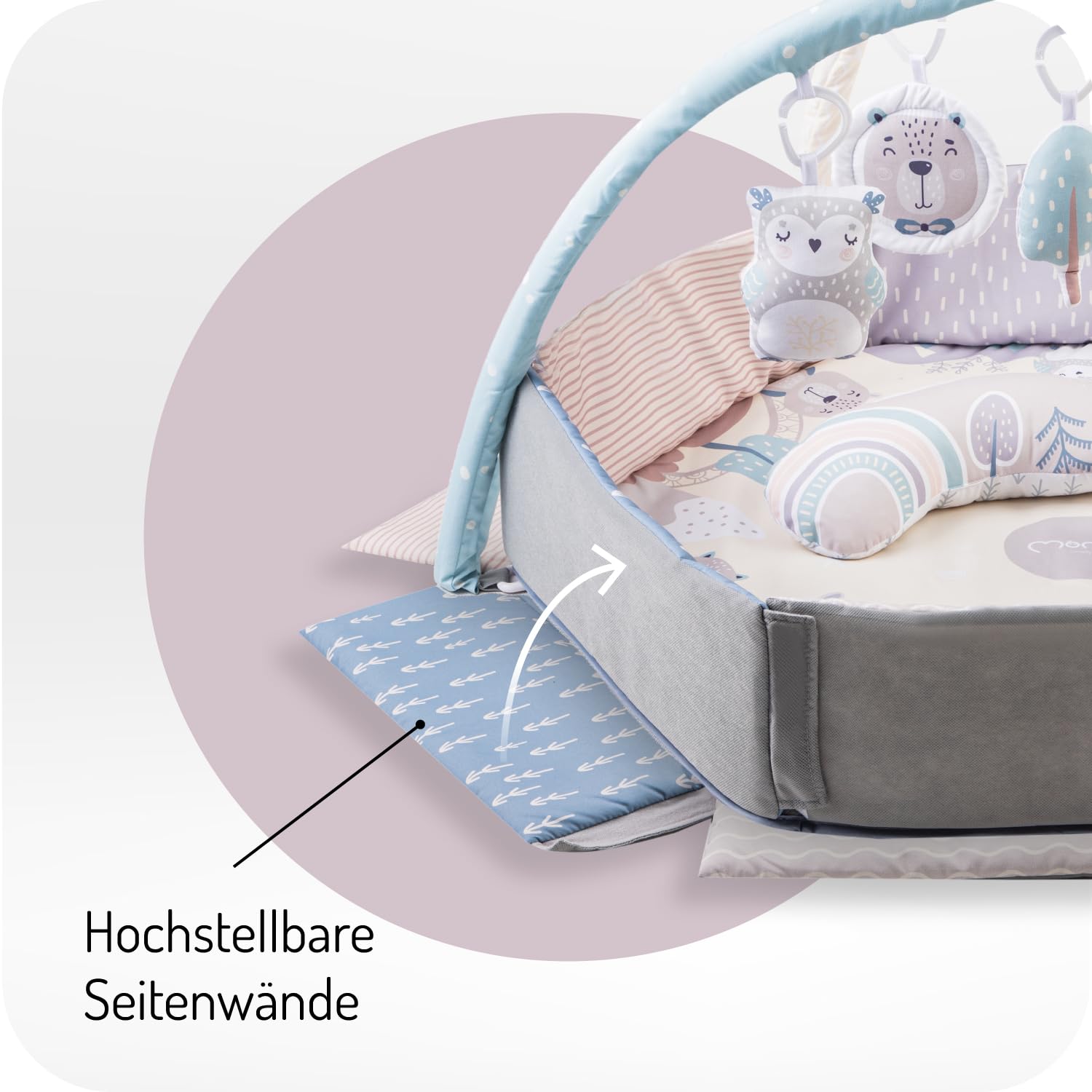 MoMi PASTEL Spielbogen mit Krabbelmatte 3-in-1 für Babys ab der Geburt, sensorische Aktivitätsmatte mit 2 Bogen, Bällchen-Bad, 5 Spielzeugen, 20 Bällchen mit Tasche, Krabbelkissen