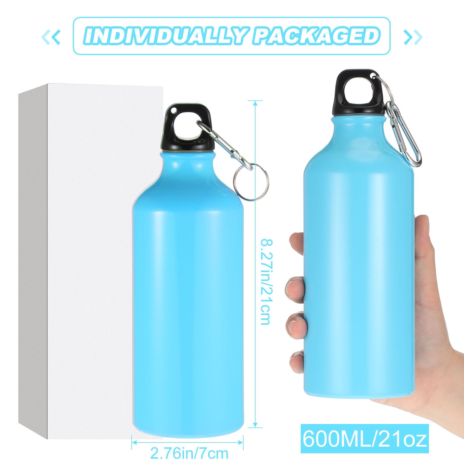 Mifoci Confezione da 36 bottiglie d'acqua in alluminio, riutilizzabili, leggere, a prova di perdite, con tappo girevole e fibbia, per campeggio, viaggi e sport (rosa, blu, bianco, giallo)