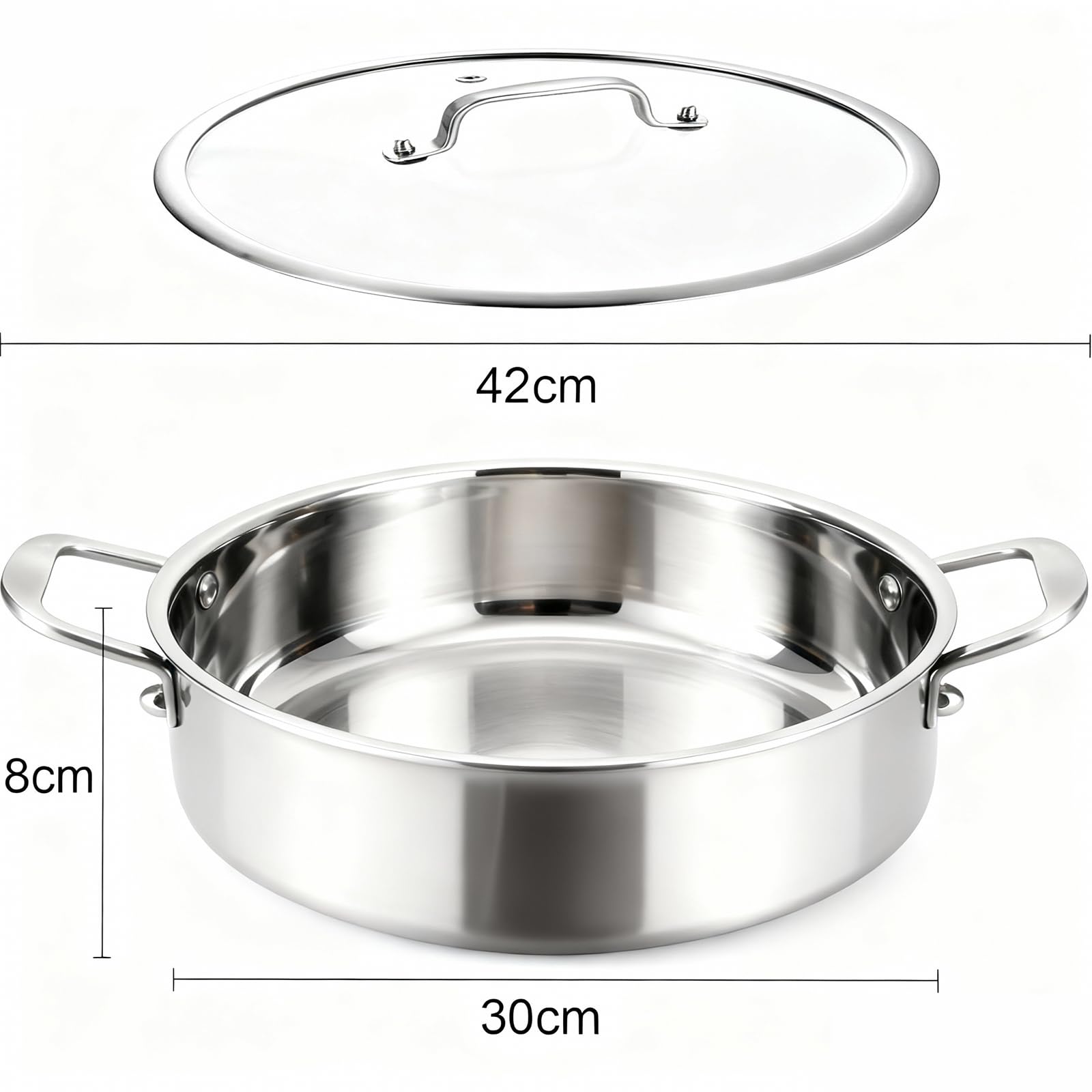 Poêle trilaminé 30cm double poignée - Profond - Induction/Four/Lave-vaisselle - Chauff. rapide