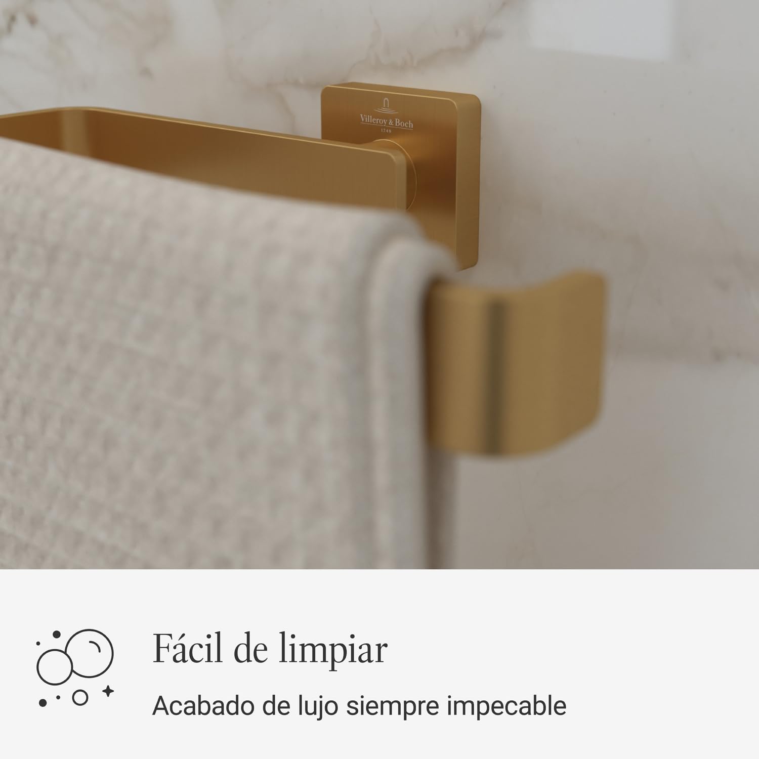 Villeroy & Boch Elements Striking, toallero, Barra para Toallas de latón para Montaje en Pared en el baño, toallero para Secado rápido, Cuadrado, Longitud 209 mm – Oro Cepillado