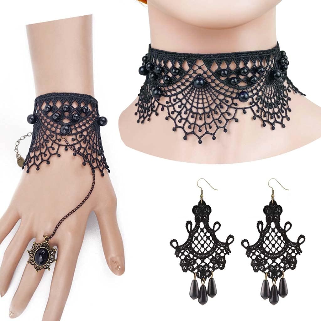 Daimay4PCS Choker Lace Necklace with Bracelet Set Punk Party Gothic Vintage Handmade Victorian Steampunk Retro Gears Lace Vampire Bracelet Wristband for Halloween Easter – S400+ Y357+E122