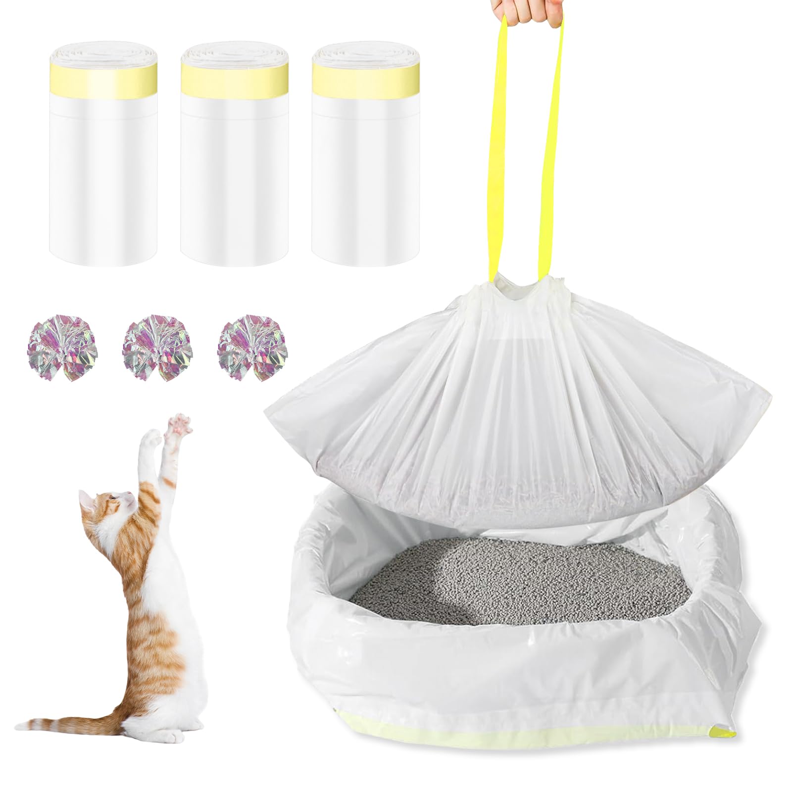 VLUVLA 30Pcs Large Cat Litter Tray Liners, 3 Rolls Drawstring Cat Litter Bags Liners, Heavy Duty, Leak-Proof, Scratch Resistant Litter Tray Liners for Cats, 94x45cm