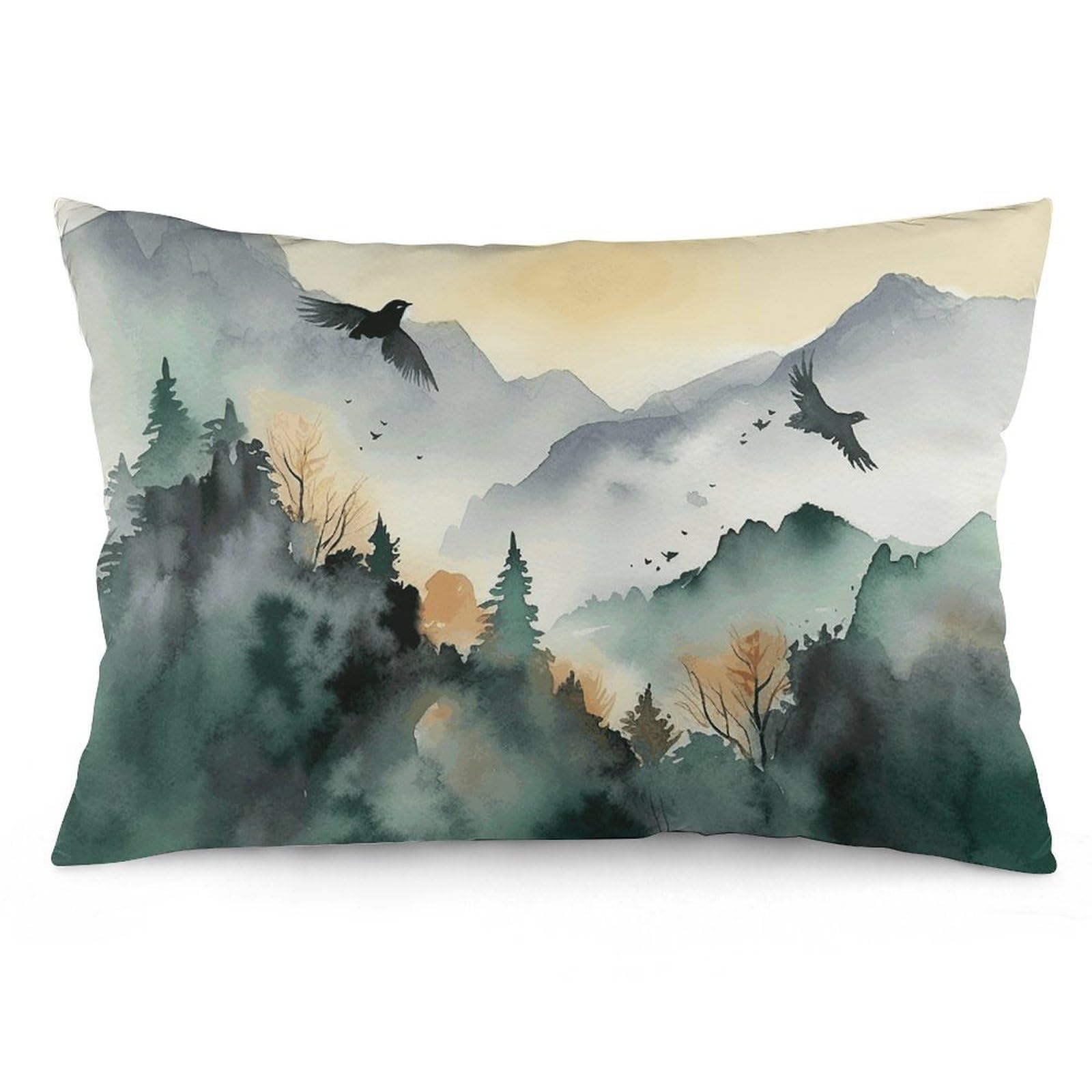 2 Pack Pillow Cases for Hair and Skin, Soft Breathable Pillow Case Covers with Hidden Zipper, Mountain Birds Watercolor Pillowcase 16 "x24 Pillow Covers for Sleeping Gift