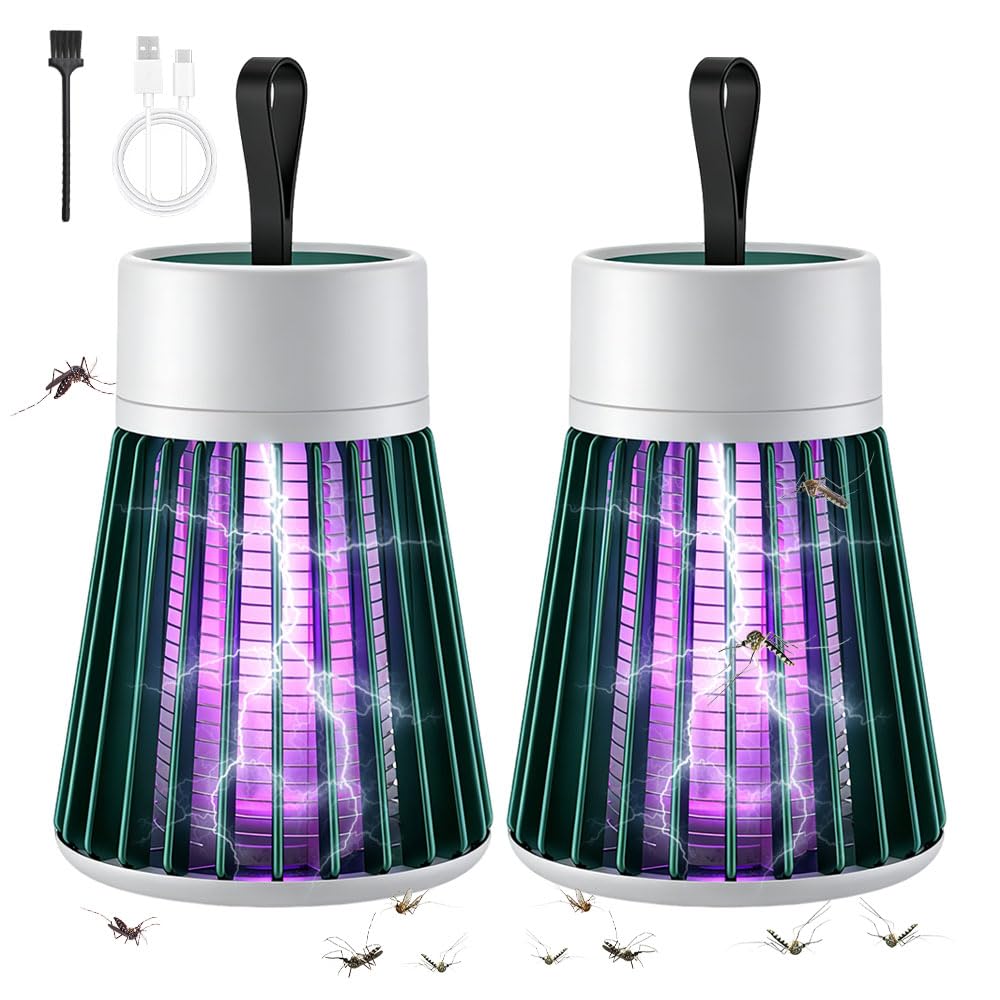 2PCS Mosquito Killer Lamp, Fly Killer, UV Fly Catcher 360° Bug Zapper for Indoor and Outdoor Flying Insect Control Lamp, Portable USB Rechargeable Electric Fly Killer for Backyard Camping (Green)