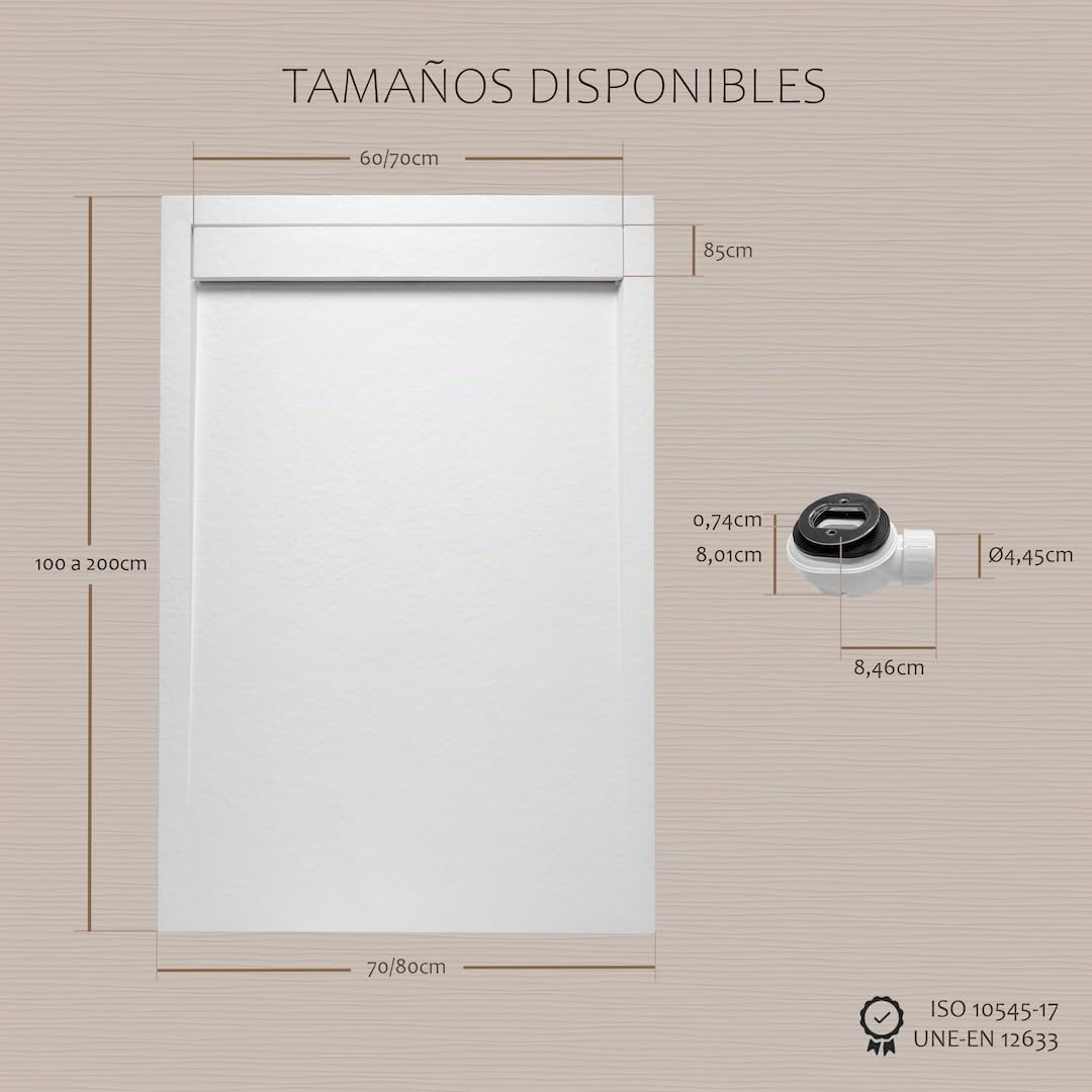 Plato Ducha 70x160CM Antideslizante Antibacteriano Blanco | Resina Resistente a Agentes Químicos · Incluye Rejilla Desagüe Ducha · Válvula Sifón
