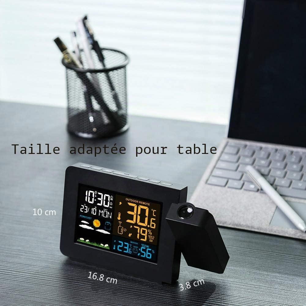Station Météo Thermomètre Hygromètre sans Fil avec capteur, Horloge météo à Projection, thermomètre intérieur/extérieur avec Contrôle de Radio RCC, Réveil Doubles