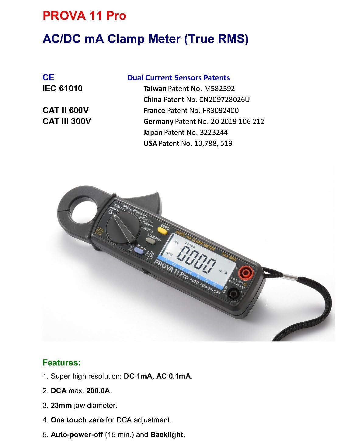 PROVA 11 Pro Multimètre Pince mA AC/DC Haute Précision 6000 comptes Vrai RMS Pince Mètres Ampèremètre Multimètre Ampèremètre Voltmètre Pince Multi-Testeurs avec Mesure de Température
