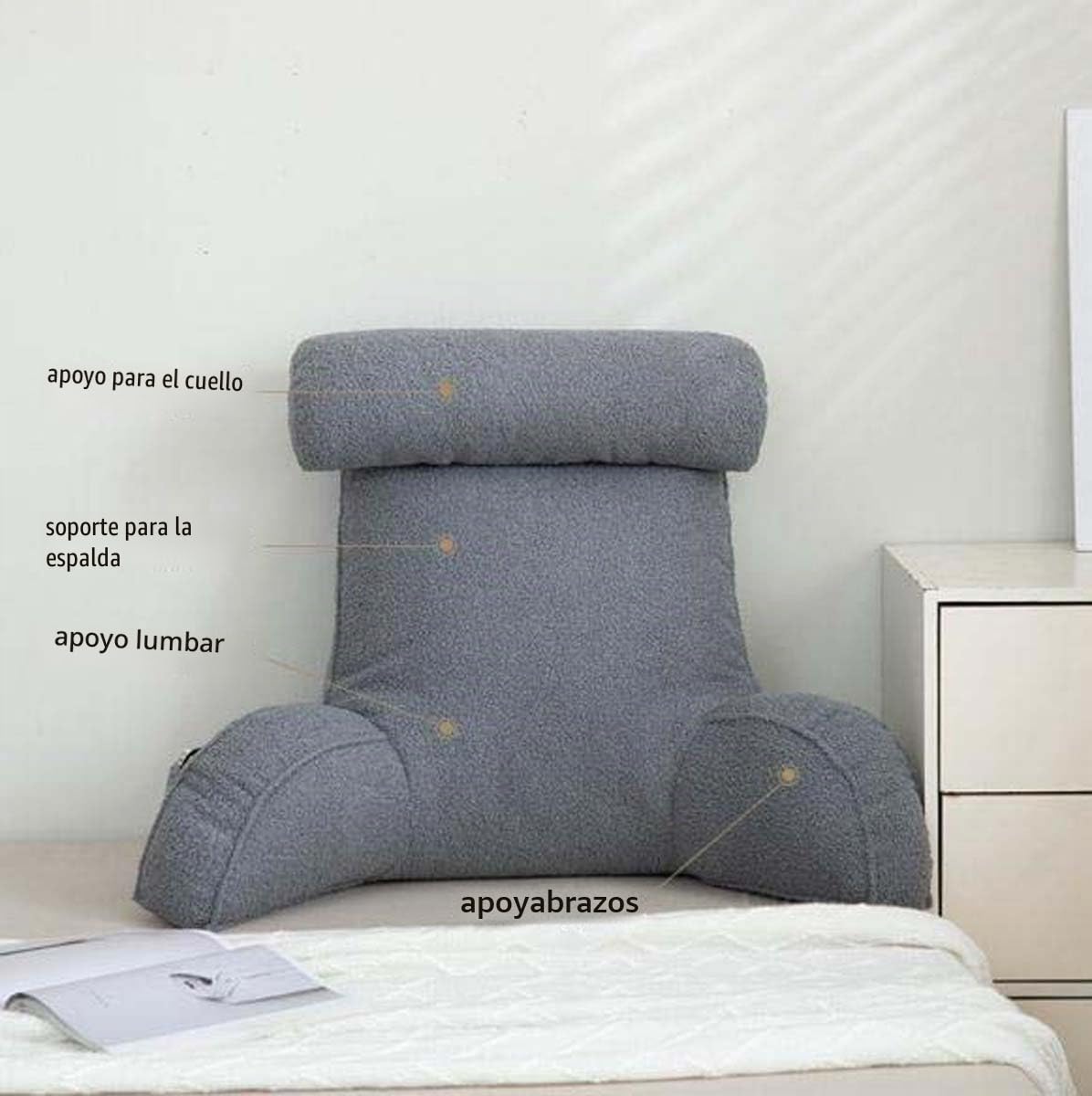 Teddy - Respaldo de lectura esponjoso y cálido mejorado con almohada para el cuello para leer y ver la televisión, brazos suaves, cojín de soporte lumbar y para muñeca, almohada de descanso