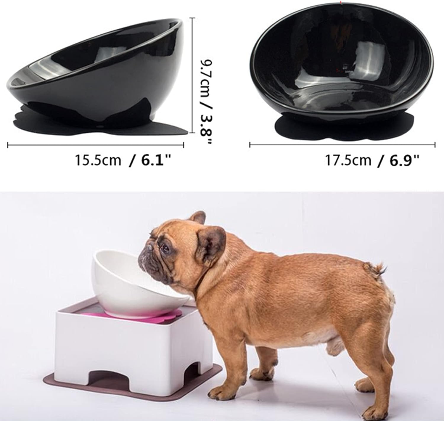 Ceramic Bulldog Bowl Dog Feeding Bowl - Dog Dish Wide Mouth Pet Sterile Tilted Pet Feeder with Anti-Skid Rubber Mat for Small Medium Dogs (Black)