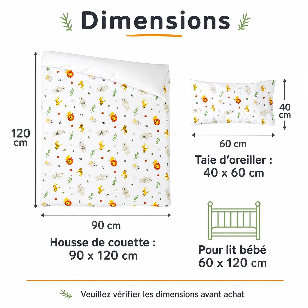 various Parure de Lit Bébé 90 x 120 cm, Motif Leo | Taie 40 x 60 cm,100 % Coton avec Fermeture Éclair, pour Lit 60 x 120 cm