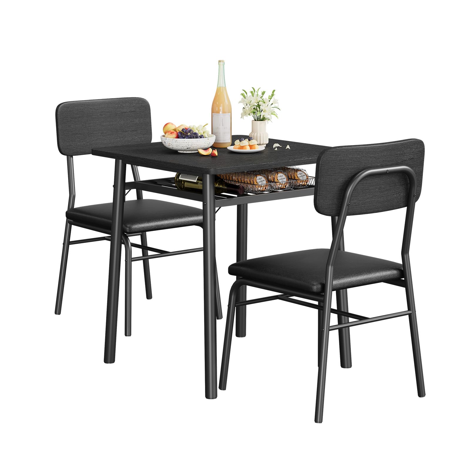 Ensemble Table à Manger avec 2 Chaises, Table de Cuisine, Chaise Rembourré Cuir, Noir