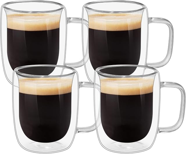 ComSaf 120ml Glass Espresso Cup Set of 4, Small Double Walled Glass Mug with Handle, Mini Insulated Glass Coffee Mugs, Heat Resistant Borosilicate Glass Cups for Tea, Latte, Beverages