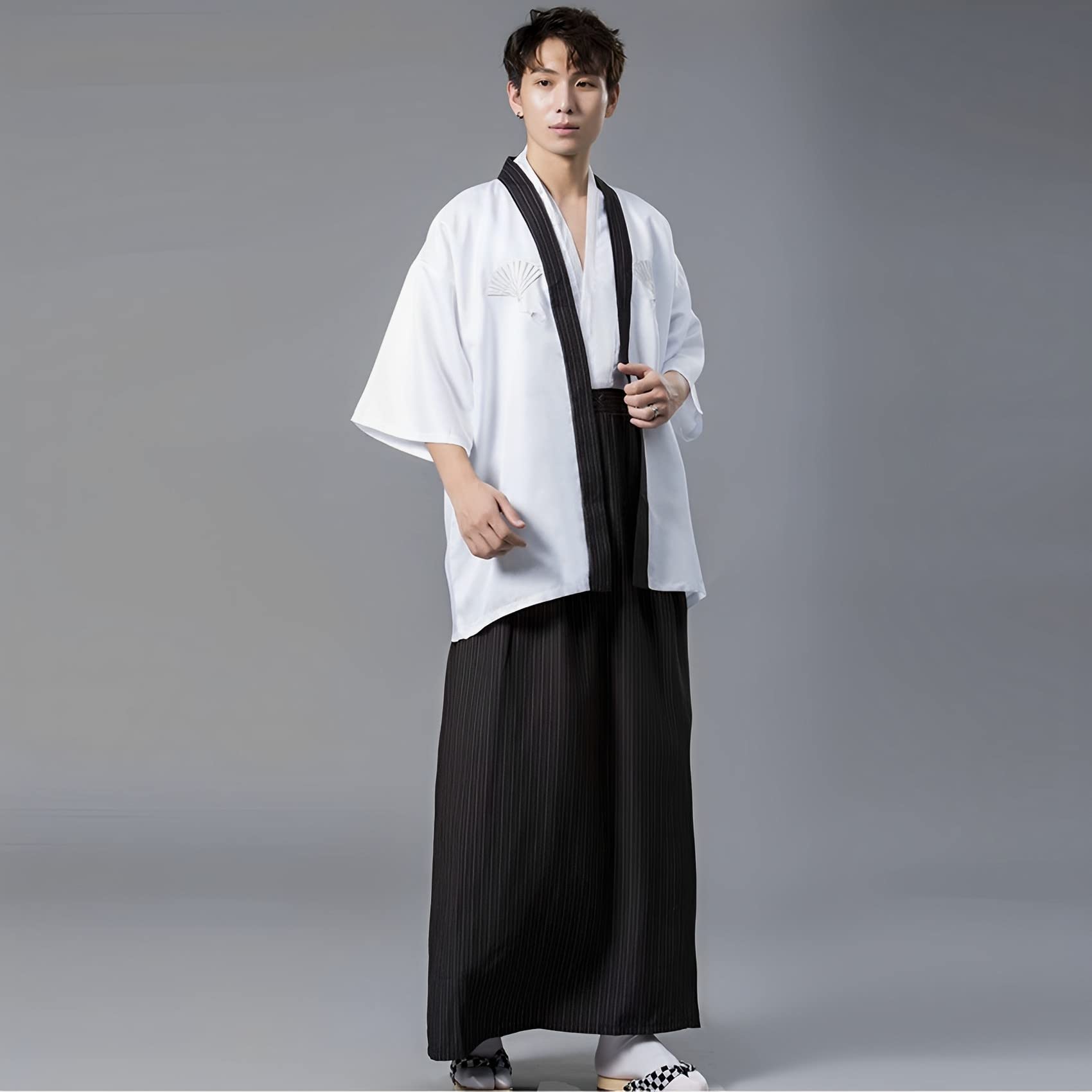 Japońskie kimono męskie kimono Yukata szlafrok japoński tradycyjny mundur samurajski kostium cosplay japoński styl odzież kurtka Haori top spódnica Hakama zestaw, jeden rozmiar