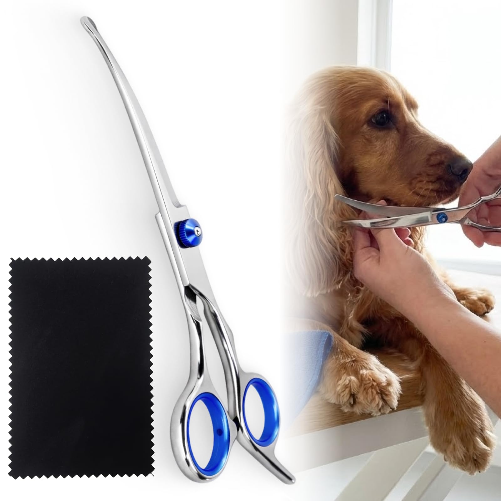 Ciseaux Courbés pour Chien 6,7 Pouces avec Chiffon de Nettoyage, Ciseaux de Toilettage Professionnels en Acier Inoxydable, Sécurité Pointe Arrondie, Idéal Pour Poils de Chiens et Chats