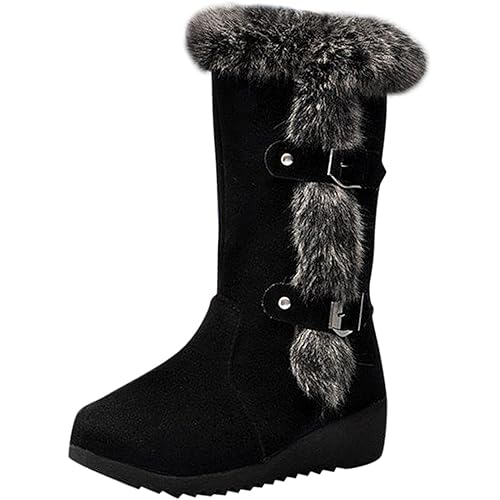 ENVEZ Winter Boots for Women Fashion Solid Color Suede Block Heel Ankle Boots Warm Plush Lined Mid Calf Boots Anti Slip Snow Boots