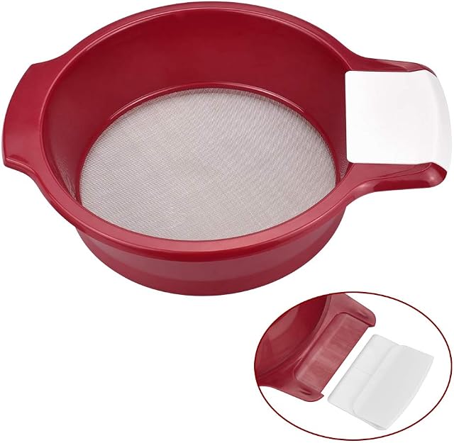 DECARETA Flour Strainer,Red Flour Sieve with Stainless Steel Fine Mesh,2 Plastic Handle Grip and Scraper,Sifter Baking Strainer,Rice Sugar Filter for Kitchen Home
