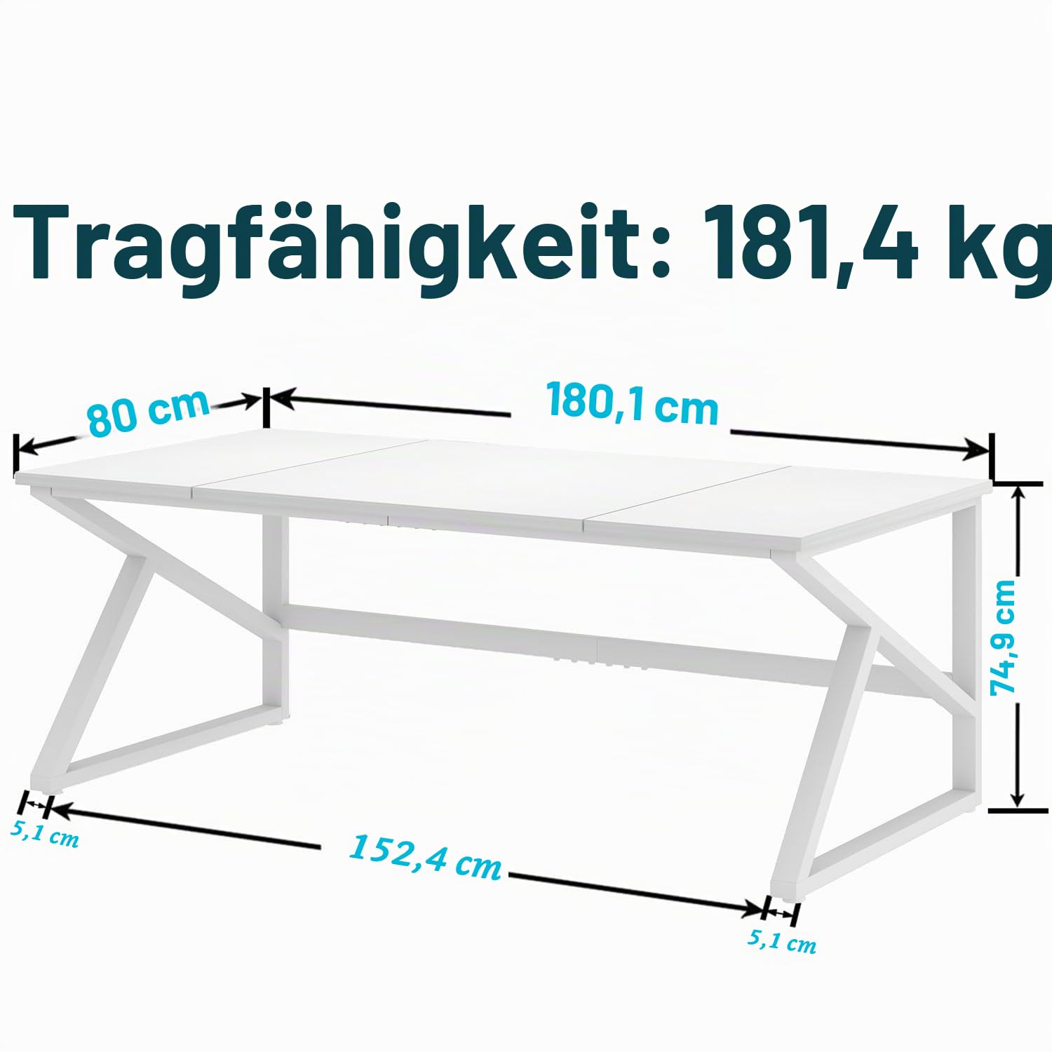IBF Großschreibtisch 180cm Weiß,Tisch Holz-Metall Gaming Homeoffice | 180cm 2-Personen Schreibtisch Holz-Metall mit großer Platte für Monitore, geeignet für Gaming, Studium & Homeoffice