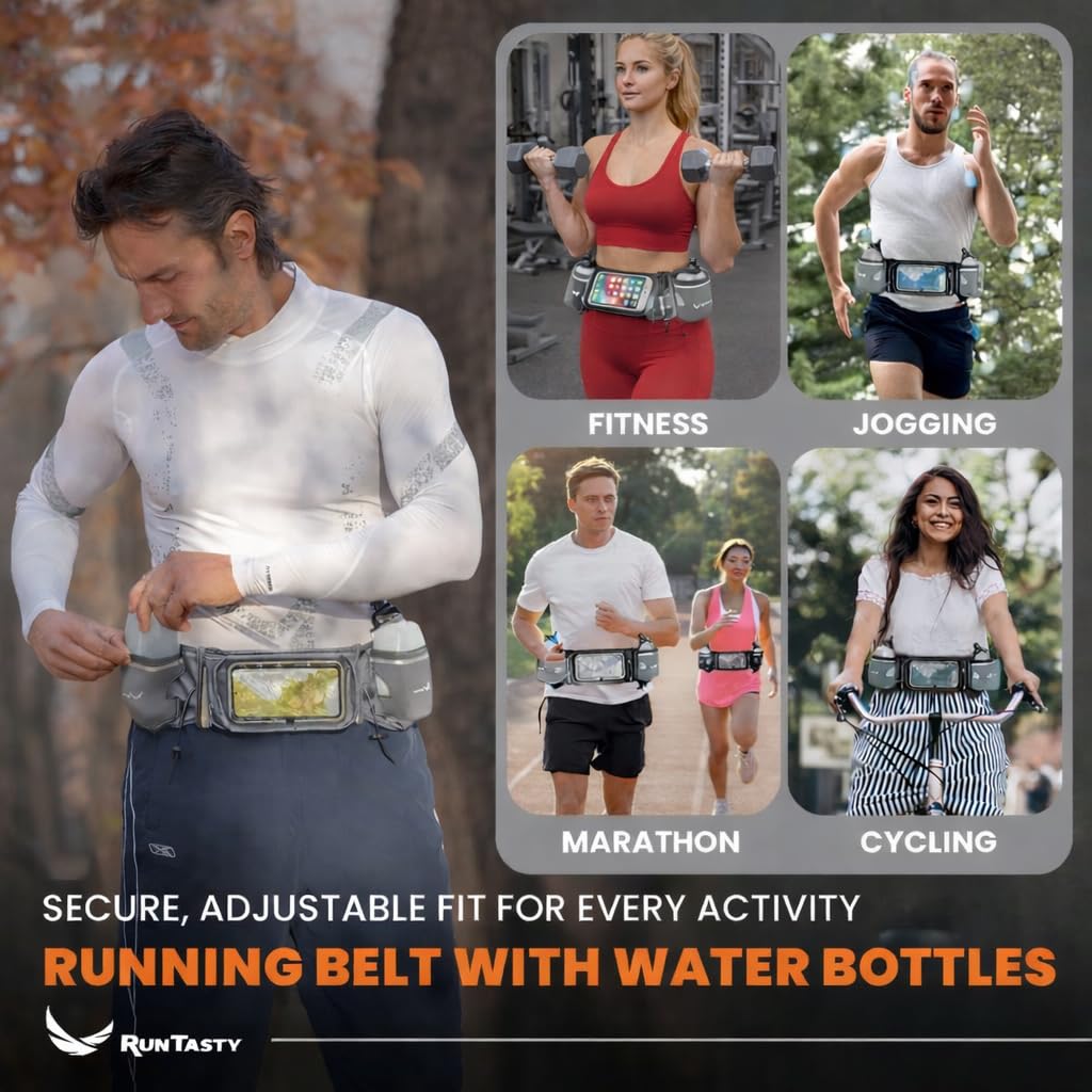Runtasty Trinkgürtel Nr. 1 – Premium-Gewinner Lauf-Kraftstoffgürtel mit 2 BPA-freien 284 ml Wasserflaschen, kippbare Tasche mit Touchscreen-Ready-Abdeckung, passend für alle iPhones, federndes Design,