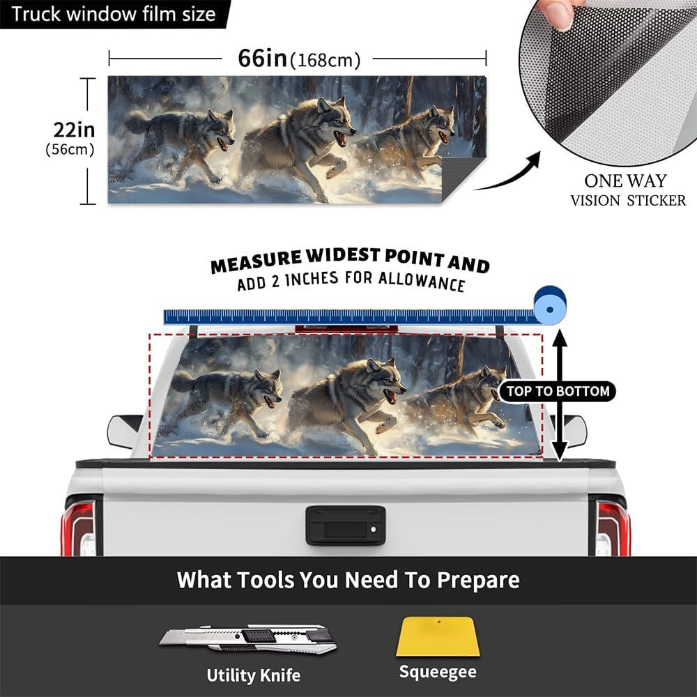 Countryside Wolf Rear Window Decal Wrap Graphic, Forest Snow Animal Running Vintage Vinyl Window Film Truck Back Window Decals,Pickup Trucks Back Window Stickers 66 x 22 inch