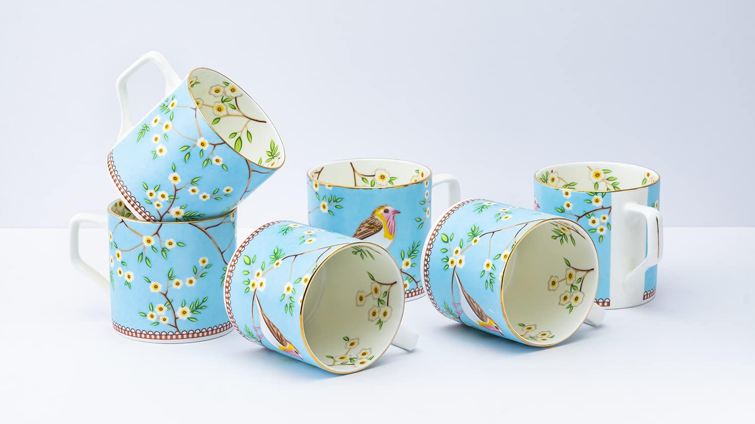 GOLDEN QUEEN'S Handcrafted Tea Cups - Set of 6 | Ideal for Everyday Tea and Coffee, Enhancing Your Daily Rituals - Blue Birdie